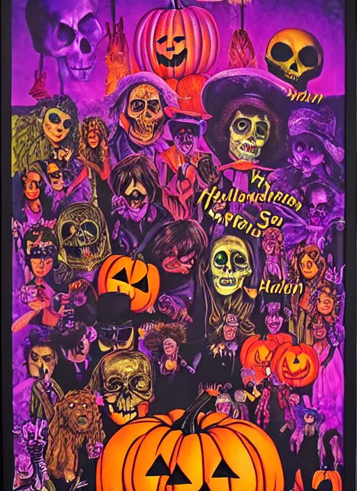 Prompt: Halloween (1978), Psychedelic velvet black light poster, Wes Wilson, Bonnie Maclean, Greg Irons, highly detailed