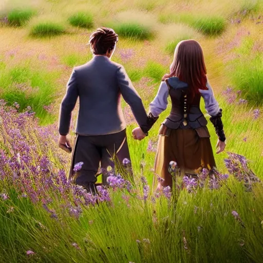 Prompt: a girl and a guy with steampunk weapons walking together holding hands in a grassy field, anime, extremely detailed, cinematic lighting, lavender flowers,