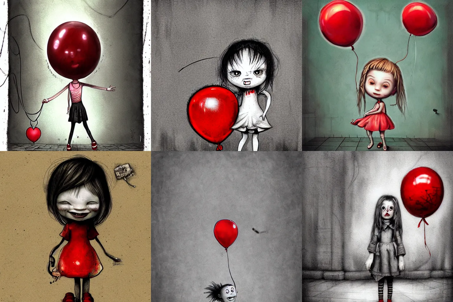 Prompt: surrealism grunge cartoon sketch of a sad little girl with a wide smile and a red balloon by - michael karcz, loony toons style, horror theme, detailed, elegant, intricate