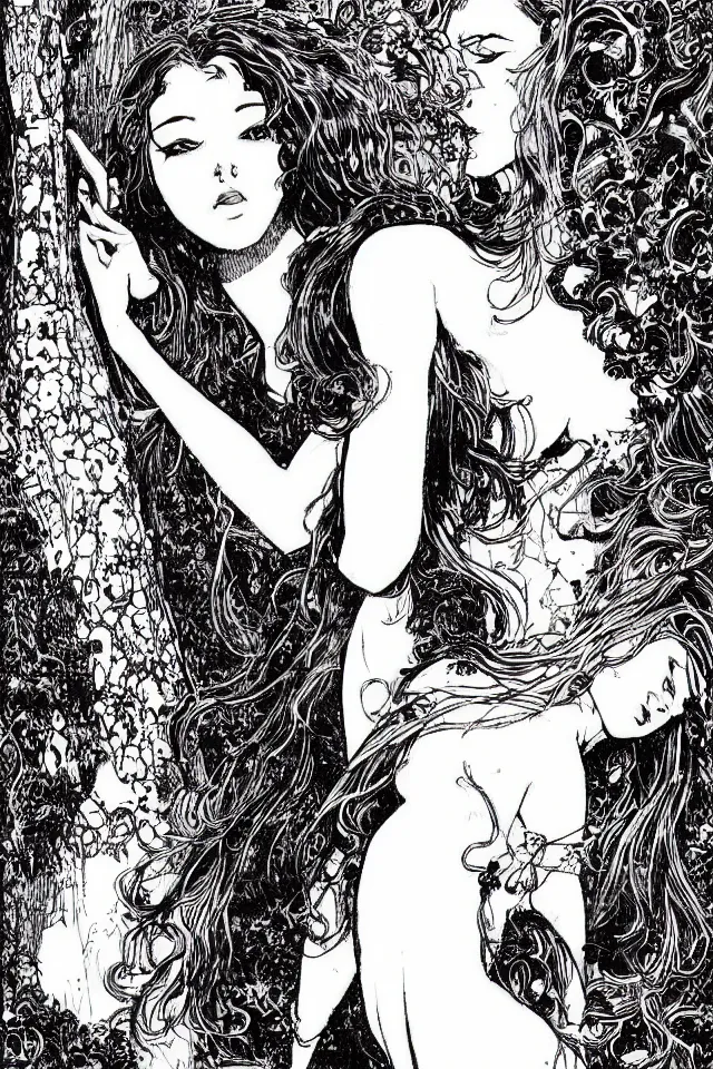 Prompt: beautiful woman at the entrance of the temple of desire by sergio toppi and apollonia saintclair