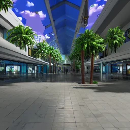 Image similar to vaporwave mall, liminal space, high detail, rendered in unreal engine, 3d render, god rays, volumetric lighting, large windows, vegetation