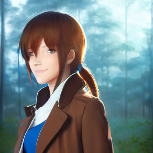 Image similar to realistic render of a girl with brown hair in a ponytail, blue eyes wearing a blue trenchcoat by rossdraws, forest background by ilya kuvshinov, digital anime art by ross tran, composition by sana takeda, lighting by greg rutkowski