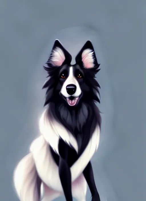 Image similar to wide angle beautiful full body portrait of a cute male anthropomorphic anthro border collie fursona, character design by charlie bowater, henry asencio, and ross tran, furry art, furaffinity, beautiful, glamor pose, detailed, aesthetic, trending on artstation