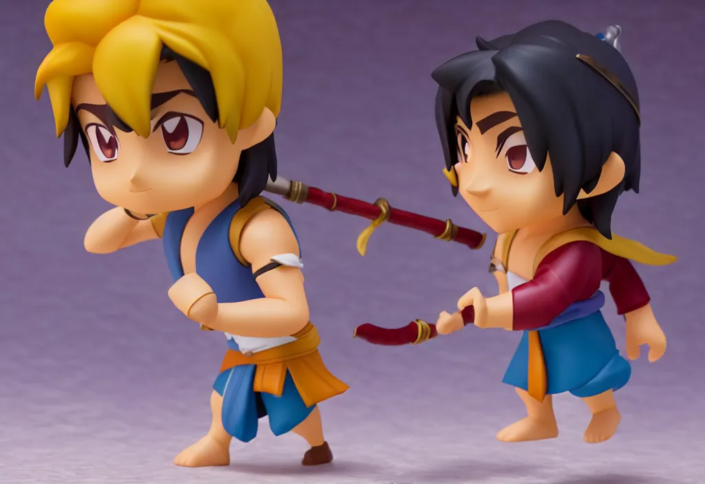 Prompt: side view of a walking young aladdin with arabian sword as nendoroid, 8 k, hd, dof, kodak film, volumetric lighting, subsurface scattering, photorealistic, octane render