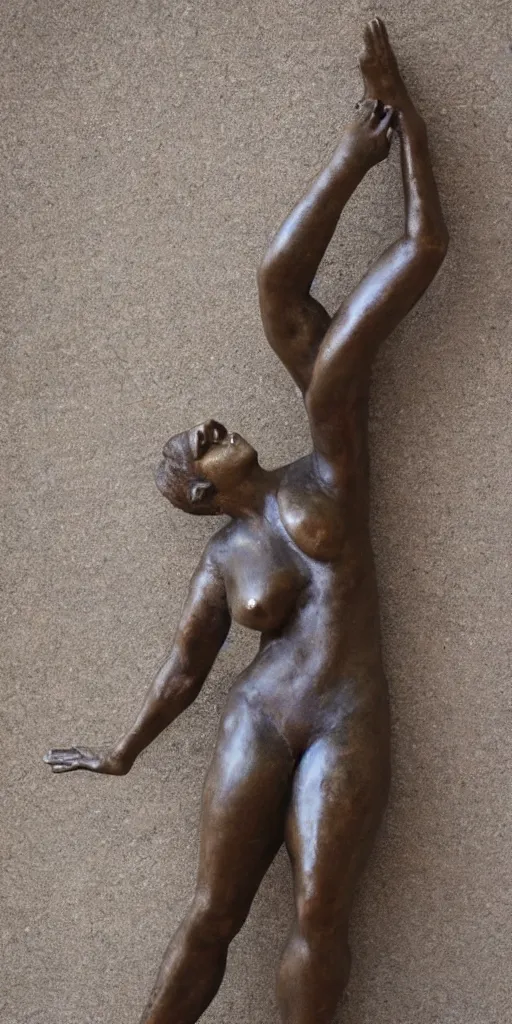 Prompt: photorealism full shot body portrait of old bronze patina statue of woman, bending poses, bokeh, detail, museum