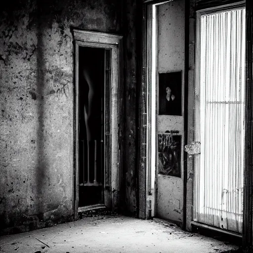 Prompt: a dark photo of a shadow of two people hugging each other in an abandoned hall, there is an open birdcage on the forefront, black and white, long exposure, motion blur