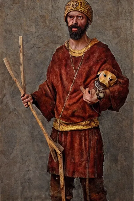 Prompt: Slavic dog head man holding an ax, woolen torso in medieval clothes, Orthodox Saint Christopher, oil painting, hyperrealism, beautiful, high resolution, trending on artstation,