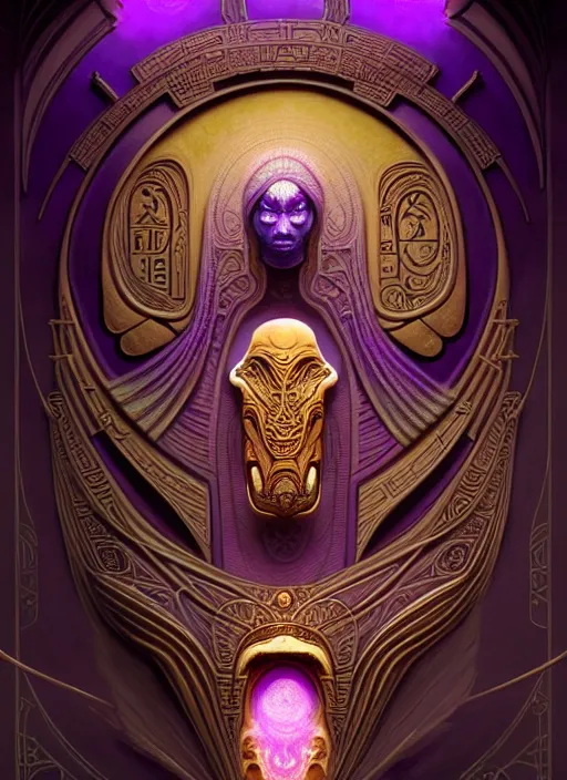 Image similar to ornate alien sacred sarcophagus, art nouveau hieroglyphics, lavender and gold palette, symmetry, fantasy, intricate, elegant, highly detailed, colorful, dark colors, dramatic shadow, digital painting, artstation, concept art, art by artgerm and greg rutkowski and ruan jia, h. r. giger