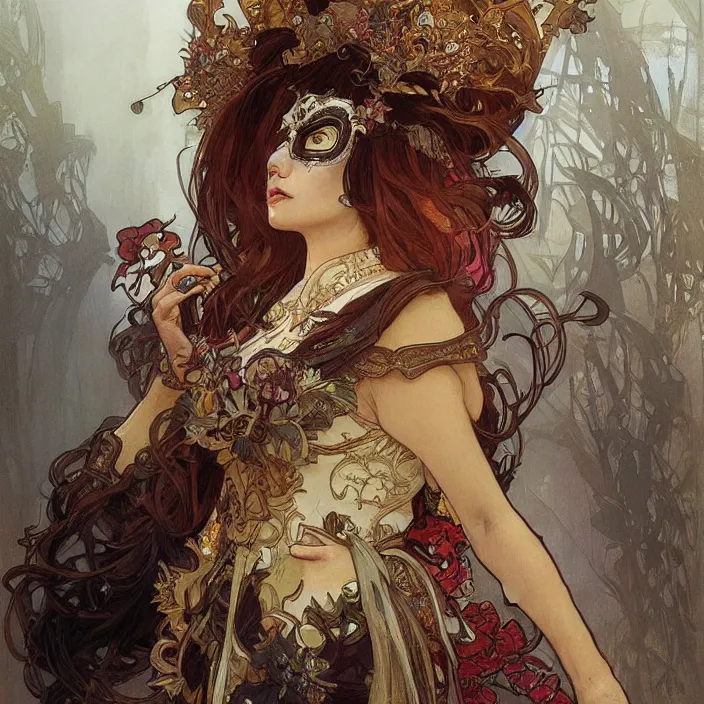 Image similar to female wearing venetian carnival mask by artgerm, greg rutkowski, alphonse mucha