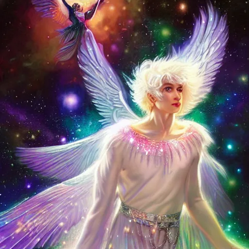 Prompt: portrait harmony of white haired angel beautiful yoongi wearing sparkly shiny greek clothes, muted colors, nebula background, neon sparkles everywhere, big wings, dynamic hair movement, + + + + dynamic pose, holographic space, glowing effect, j. c leyendecker, by alan lee, wlop! illustrated by starember, fantasy art by craig mullins