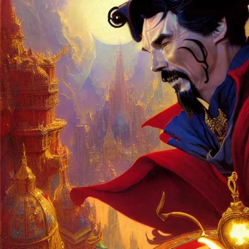 Image similar to the third first image on the scattered absurdity server, dr strange and dr seuss, very pretty, photorealistic, portal hopping and time warping with reckless abandon, highly detailed painting by gaston bussiere, craig mullins, j. c. leyendecker