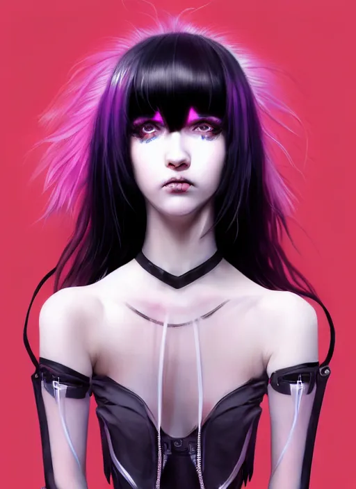 Image similar to whitebangs, black hair, black cyberlox, portrait of normal teenage girl, normal face, white bangs, fluffy bangs, cyberlox, whitebangs, red contact lenses, purple background, intricate, elegant, highly detailed, digital painting, artstation, concept art, sharp focus, smooth, illustration, art by wlop, mars ravelo and greg rutkowski