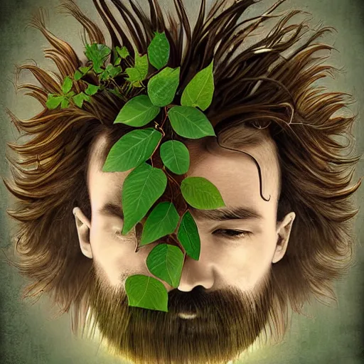 Image similar to hair made of leaves human head in the porcelain pot, Harry Potter, roots, herbology, on the table in greenhouse, in the ray of sunshine, digital art, sharp focus, high detailed, calm, warm lighting, sparkles, by Rutkowsky,