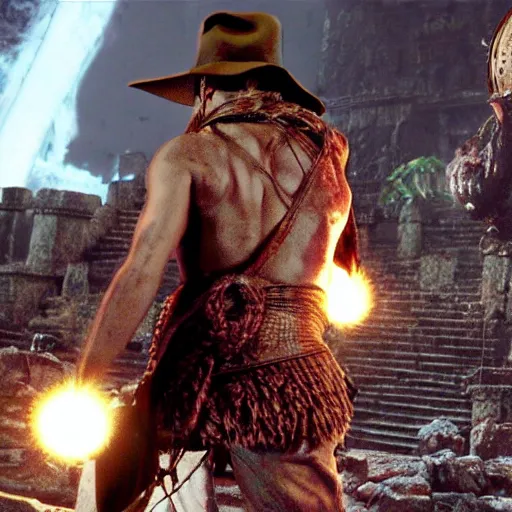 Prompt: a still of from the movie indiana jones and the temple of doom crossover with the game dark souls ii