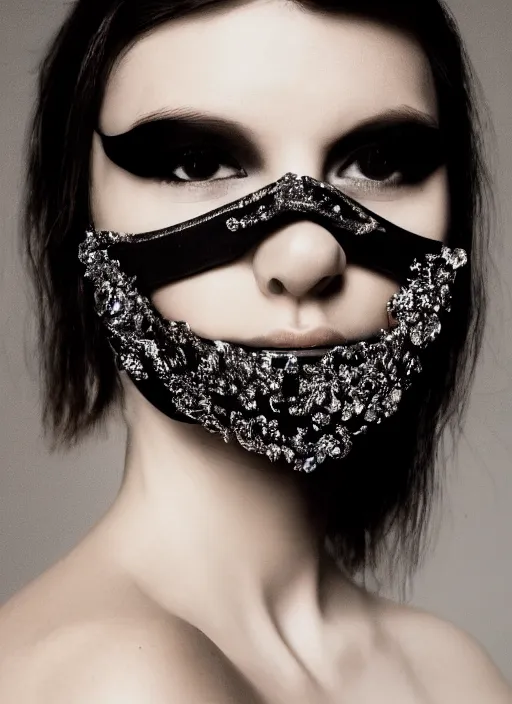 Image similar to a fashion portrait photograph of a woman wearing a high fashion mask art directed by Alexander McQueen, 35mm, pentax, studio lighting