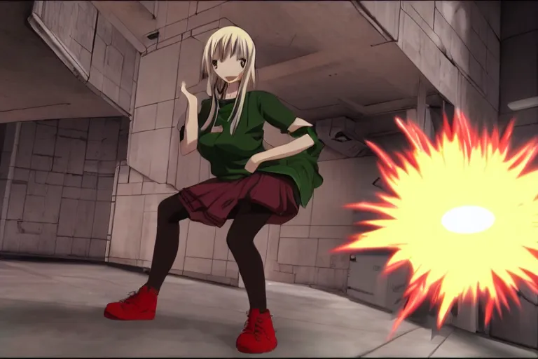 Image similar to an clothed anime girl in a screenshot of the video game doom, the anime girl is crouching