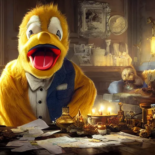 Image similar to hyperrealistic mixed media image of Scrooge McDuck, stunning 3d render inspired art by István Sándorfi and Greg Rutkowski, perfect facial symmetry, realistic, highly detailed attributes and atmosphere, dim volumetric cinematic lighting, 8k octane extremely hyper-detailed render, post-processing, masterpiece,