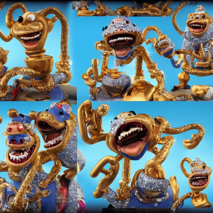 Image similar to jeff koons hip hop style street sharks wearing diamond grillz and a ton of bussdown iced gold bling in wallace & gromit claymation, ultra realistic, concept art, intricate details, serious, highly detailed, photorealistic, octane render, 8 k, unreal engine, art by todd mcfarlane and artgerm and greg rutkowski and alphonse mucha