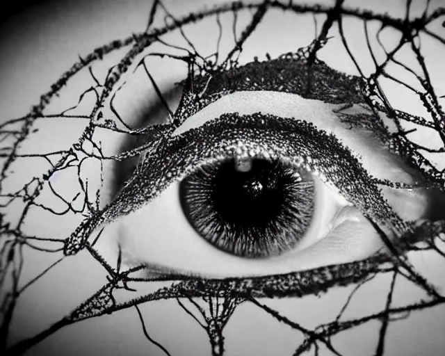 Image similar to extreme close up of a woman's eye, made of intricate decorative lace leaf skeleton, in the style of the dutch masters and gregory crewdson, dark and moody