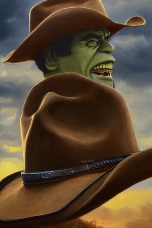Image similar to !dream hulk wearing a cowboy hat, oil on canvas, intricate, portrait, 8k highly professionally detailed, HDR, CGsociety