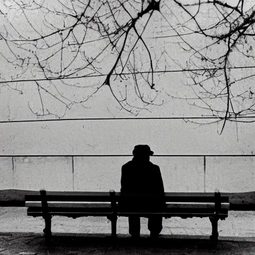 Image similar to Lonely man sitting on bench photographed by Andrej Tarkovsky, kodak 5247 stock, color photograph