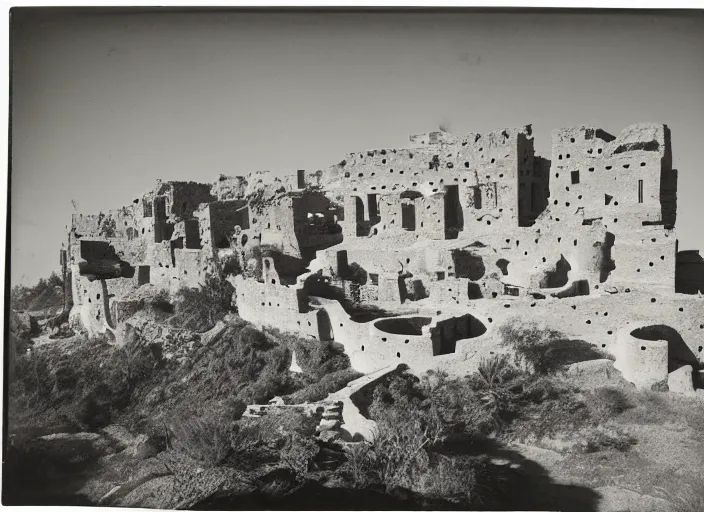 Image similar to Photograph of sprawling cliffside pueblo ruins, showing terraced gardens and narrow stairs in lush desert vegetation in the foreground, albumen silver print, Smithsonian American Art Museum