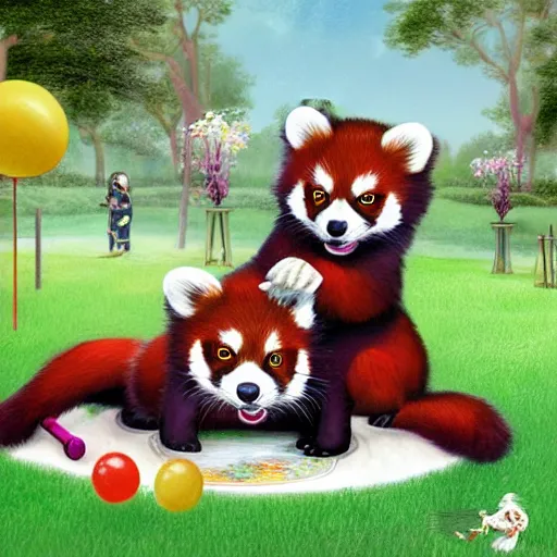 Image similar to very cute friendly happy high energy red pandas at a fancy garden party playing croquet and drinking lemonade, artwork by mark brooks and Asher Brown Durand, digital art