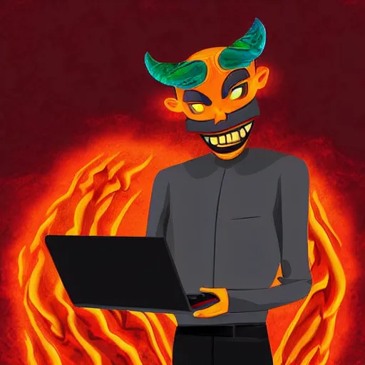 Image similar to a demon programmer using a laptop ~ evil smile ~ lava background ~ digital art ~ two horns ~