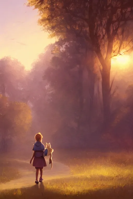 Image similar to a young girl walking to school with her pet fox, matte painting in the style of Greg Rutkowski, early morning light, sunrise, golden hour, trending on artstation