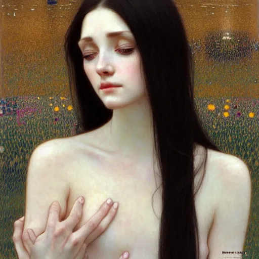 Image similar to Portrait of a beautiful, pale skin, female with long black hair, dark brown narrow-set eyes, faint smile, elegant clothing, photorealistic, highly detailed, artstation, smooth, sharp focus, art by Klimt, artgerm, Greg Rutkowski and Alphonse Mucha natural light, Adobe Lightroom, photolab, Affinity Photo, PhotoDirector 365