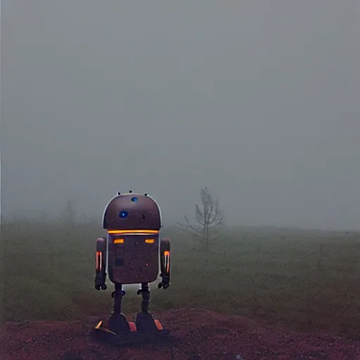 Image similar to the liminal observer droid by dennis mejillones, in a brutalist yet rural landscape by simon stalenhag, 3 5 mm film photography, dawn, eerie fog