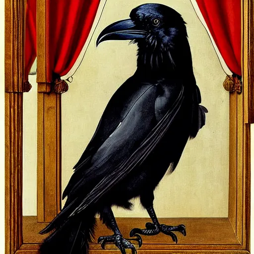 Image similar to a highly detailed painting of a raven, dressed in elegant tudor clothes, inside a room with thick red tapestries, by hans holbein