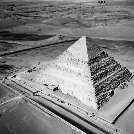 Image similar to an aerial photograph of a pyramid at giza at the early stages of construction with heavy scaffolding clearly visible, the top of the pyramid has not been built and is not visible, dslr