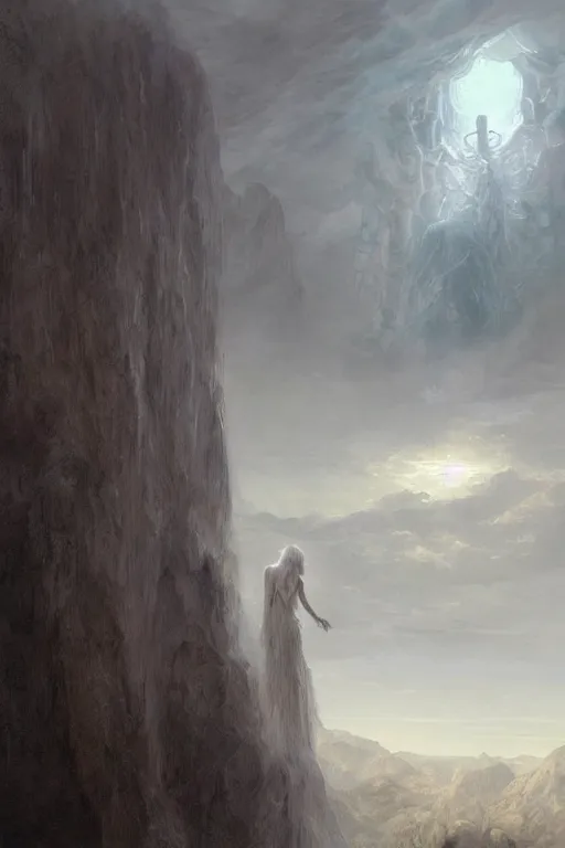 Prompt: a giant ethereal pale humanoid monster looming over a tiny human in an epic landscape, ethereal fantasy, artstation, james gurney