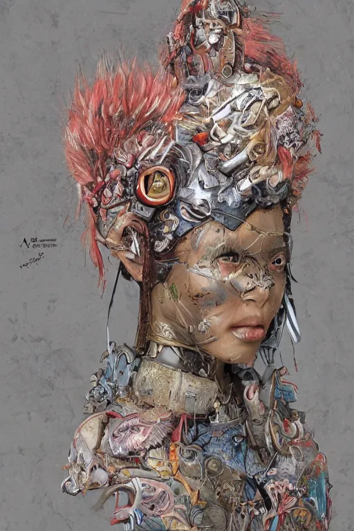 Prompt: portrait of beautiful young mainem, warhammer, japaneese style, cyberpunk armor, a lot of more scars, more and more flowers, orange head, the middle ages, highly detailed, artstation, illustration, art by max ernst, 8 k quality