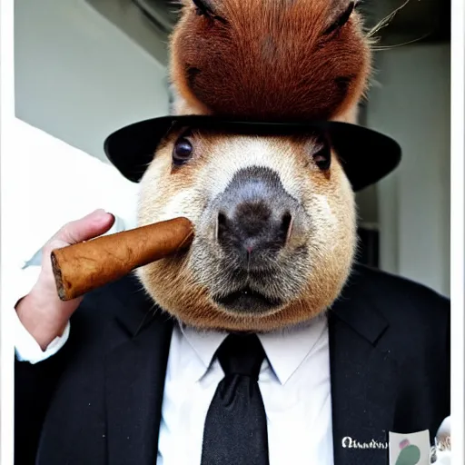 Image similar to smoking cigar, a man wearing a suit capybara head (smoking cigar)