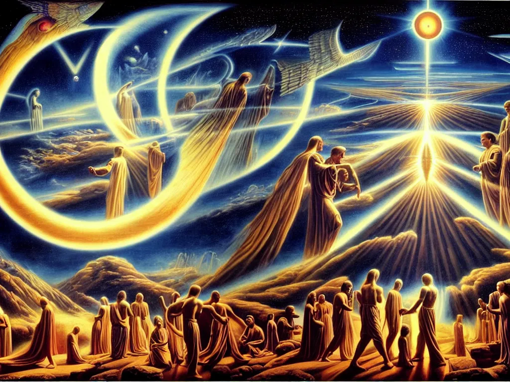 Image similar to a beautiful scenery of humanity evolving into god like beings, spiritual science, divinity, utopian, by david a. hardy, wpa, public works mural, socialist