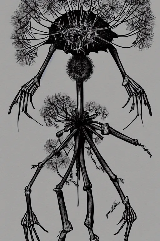 Image similar to a dandelion skeleton hybrid monster, highly detailed, digital art, sharp focus, trending on art station, plant, anime art style