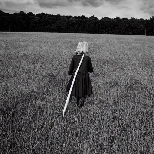 Prompt: A girl walks across the field with a scythe