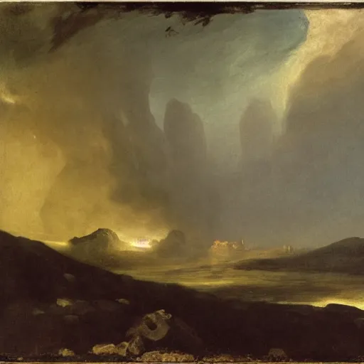 Image similar to goya the colossus painting, towering stone man, atmospheric haze, stormy, tundra, hudson river school, princess in foreground, large scale