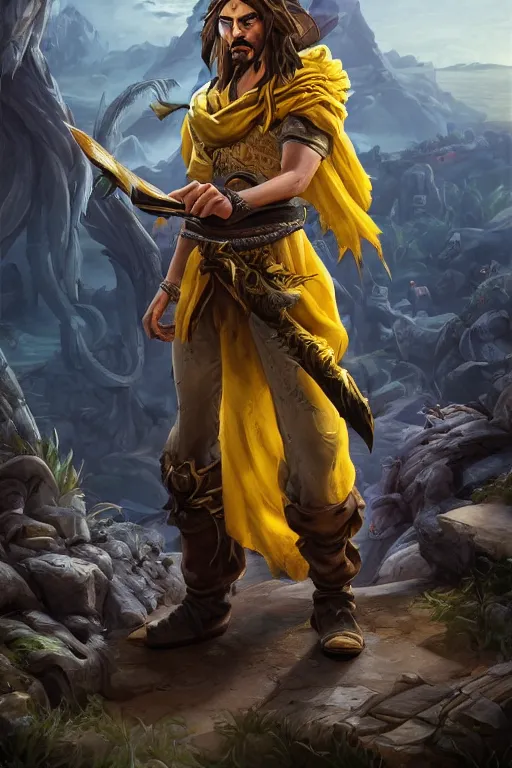 Image similar to portrait of young wild arabian nomad half werewolf, with yellow cloths, league of legends splash art, castlevania, hearthstone splash art, full body shot, rule of thirds, ultrafine hyperrealistic detailed face, artgerm, greg rutkowski, trending on artstation, 8 k, intricately detailed, highly detailed