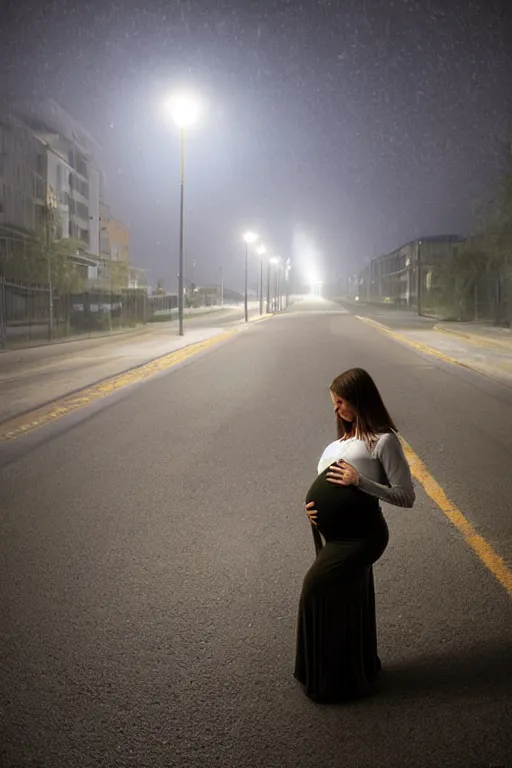 Image similar to pregnant woman under street light, nothern russia, by Alyssa Monks, Bouguereau