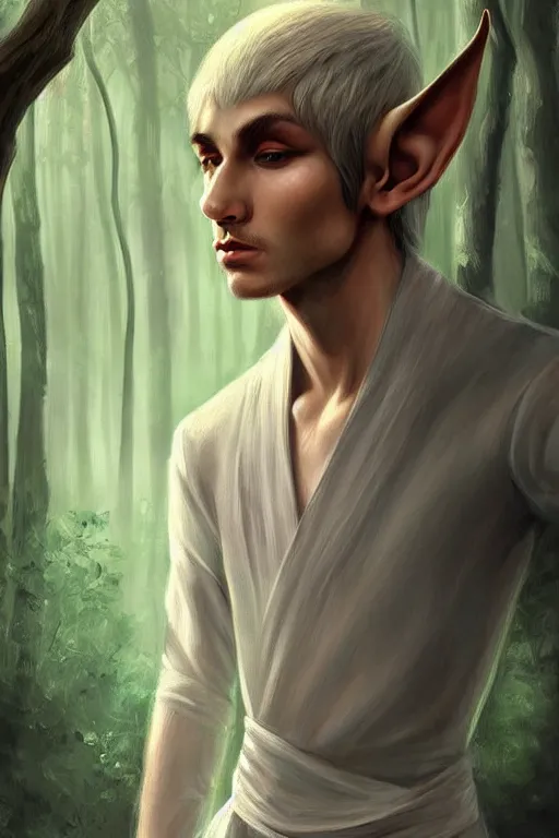 Image similar to beautiful, digital art, portrait painting of a male elf wizard, wearing linen cloth. forest background. artstation, by jisu choe