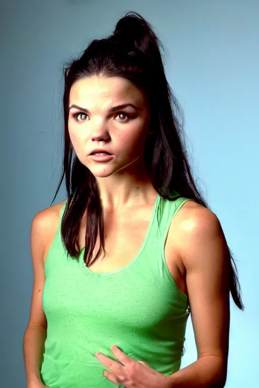 Image similar to fantasy character photo. facial expression of manic obsessive love. danielle campbell. black hair in ponytail. bright blue eyes. tall, lanky, athletic, wiry, slightly muscular. sleeveless light green dress. gleefully telling a bs story full of lies