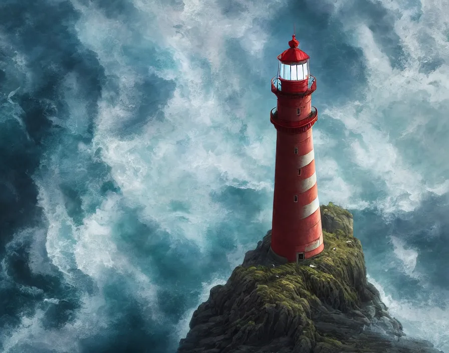 Image similar to fantasy painting of a lighthouse on the edge of a cliff overseeing a vast ocean, complex, detailed, intricate abstract. delicate artwork. by Tooth Wu, wlop, beeple, dan mumford. octane render, trending on artstation, greg rutkowski very coherent symmetrical artwork. cinematic, hyper realism, high detail, octane render, 8k, depth of field, bokeh. chrome accents.