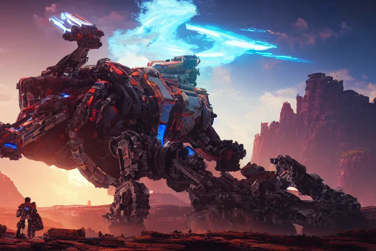 Image similar to rockbreaker machine mecanical creature robot of horizon forbidden west horizon zero dawn radiating a glowing aura global illumination ray tracing hdr fanart arstation by ian pesty and alena aenami artworks in 4 k