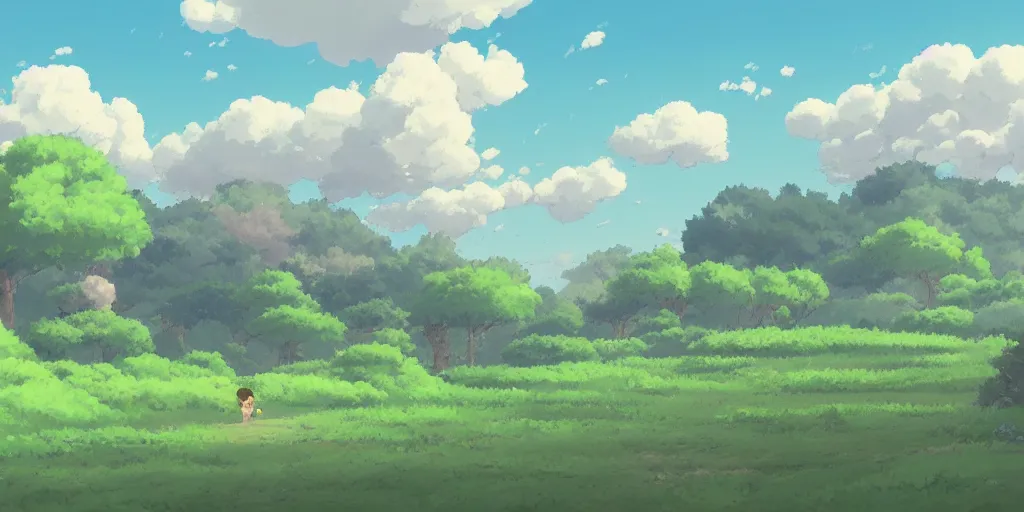 Image similar to landscape, summer, morning, beautiful cloud, quiet, no people, Ghibli, Anime Background, Miyazaki Hayao, concept art, illustration,smooth, sharp focus, intricate, super wide angle, trending on artstation, trending on deviantart, pixelart