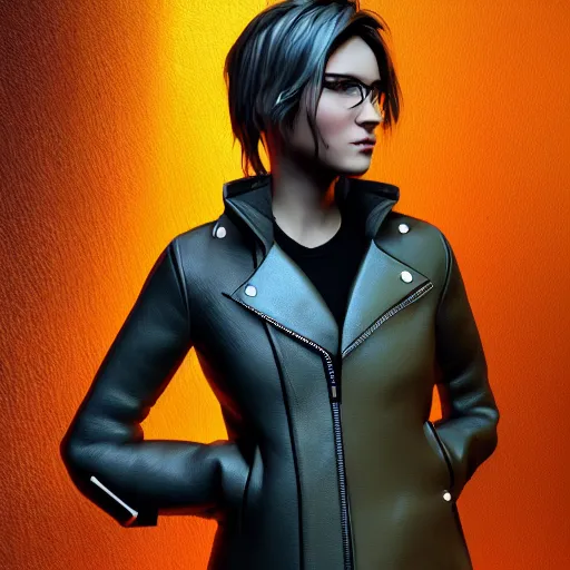 Image similar to stylish woman cartoon portrait made out of rain, leather jacket, cyberpunk background, rendered in octane, unreal engine, highly detailed, trending on artstation, realistic, neon, beautiful