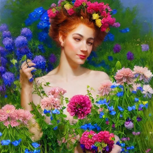 Image similar to a portrait of a romantic woman with flowers grow out of hair, roses peonies forget-me-nots dahlias lupins gladioli, sky theme in background, by Alexandr Averin, Digital Art, Trending on artstation