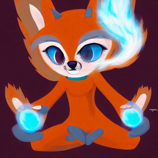 Image similar to furry ( fandom ) art of a cute anthropomorphic sandy - colored tan fox and blue eyes and wearing a blue sweatshirt holding fireballs, digital art, painting, trending on furaffinity, big eyes